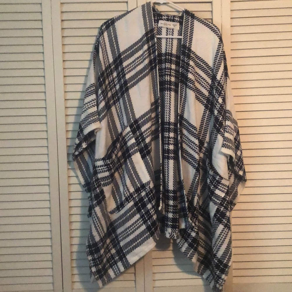 White and Blue Plaid Shawl Sweater